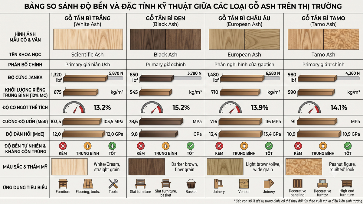 bảng so sánh độ bền và đặc tính kỹ thuật của gỗ ash