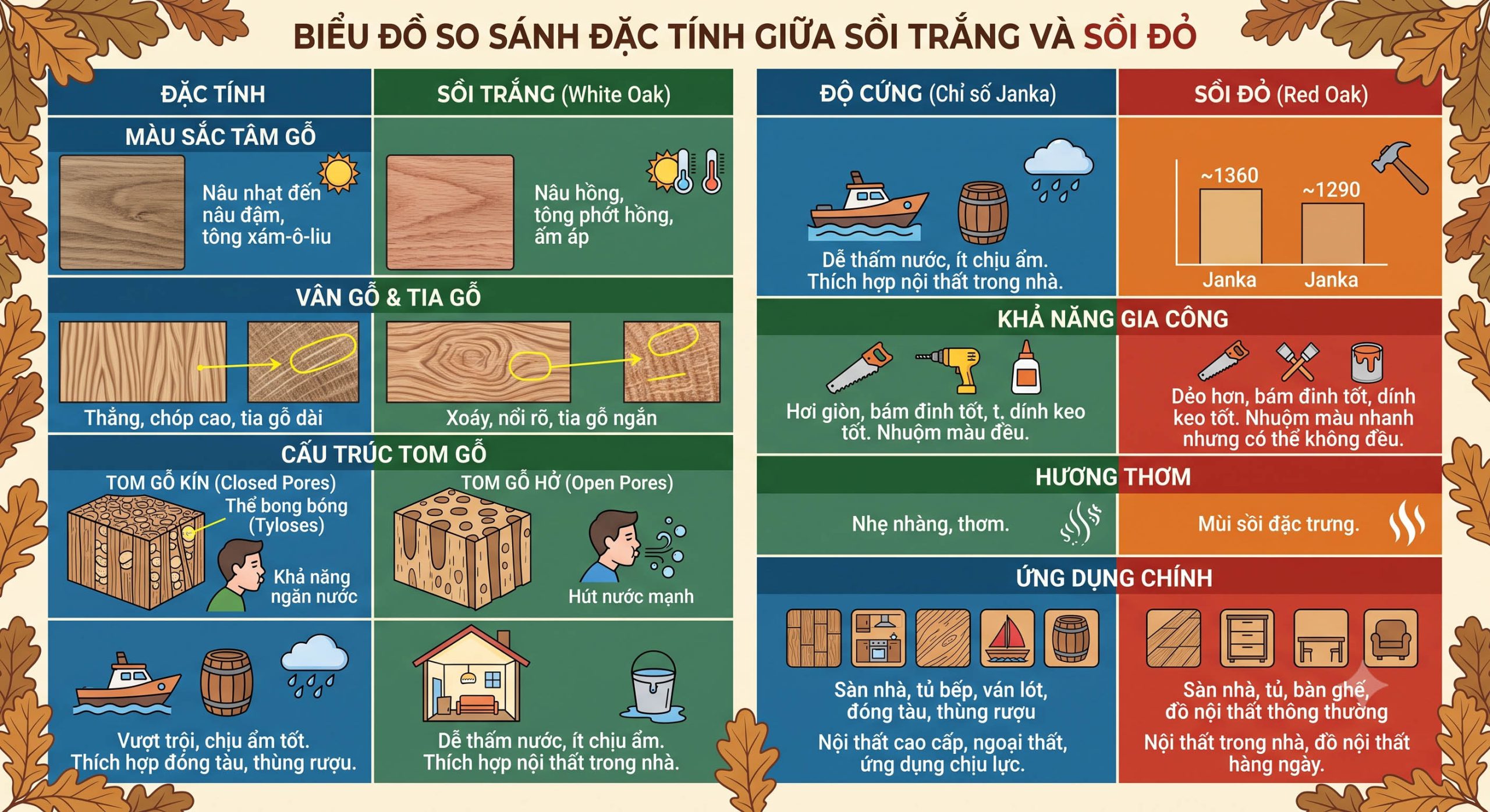 so sánh gỗ sồi trắng và gỗ sồi đỏ