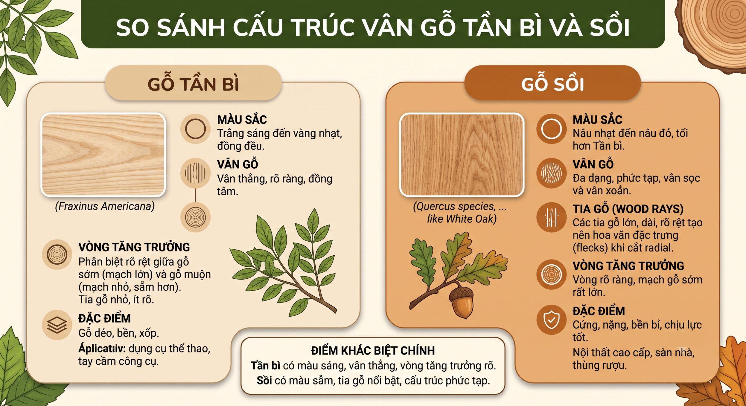so sánh vân gỗ tần bì và gỗ sồi