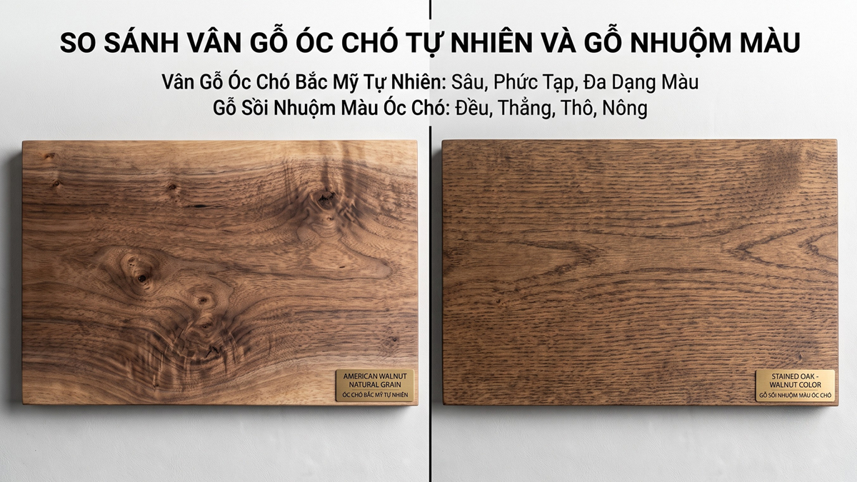 So sánh vân gỗ óc chó tự nhiên và gỗ nhuộm màu So sánh vân gỗ óc chó tự nhiên và gỗ nhuộm màu