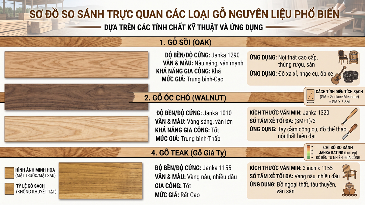 Bảng so sánh trực quan các loại gỗ nguyên liệu phổ biến Bảng so sánh trực quan các loại gỗ nguyên liệu phổ biến