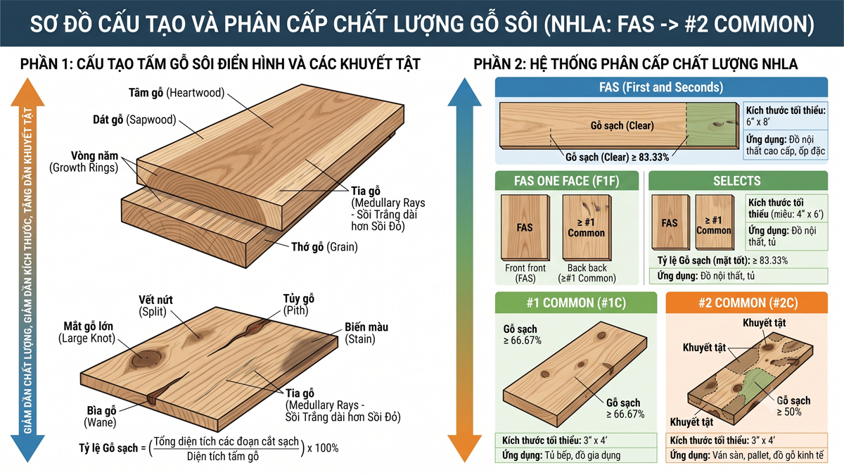 Sơ đồ cấu tạo và phân cấp chất lượng gỗ sồi từ FAS đến 2C