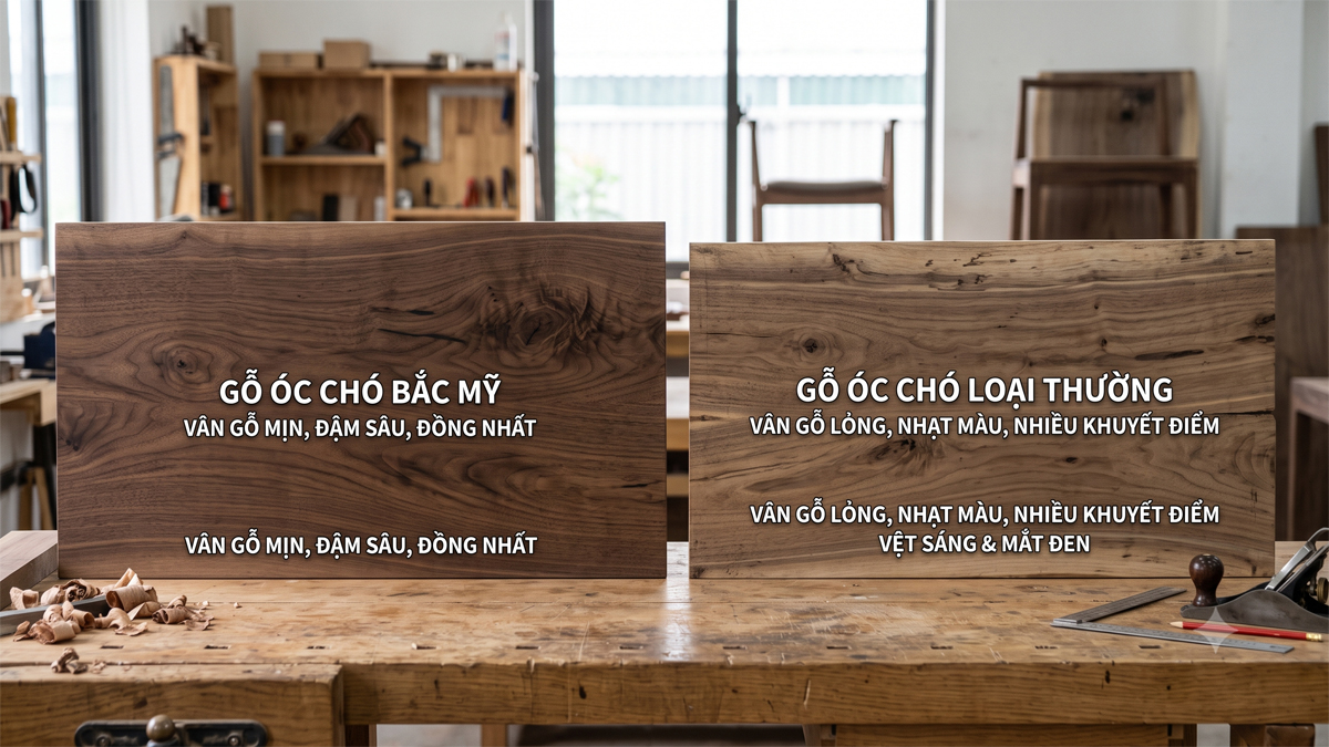 So sánh vân gỗ óc chó Bắc Mỹ với gỗ óc chó loại thường