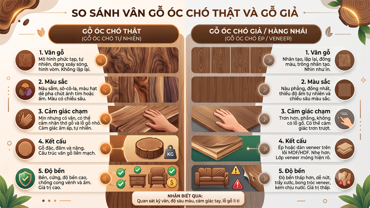 So sánh vân gỗ óc chó thật và gỗ giả