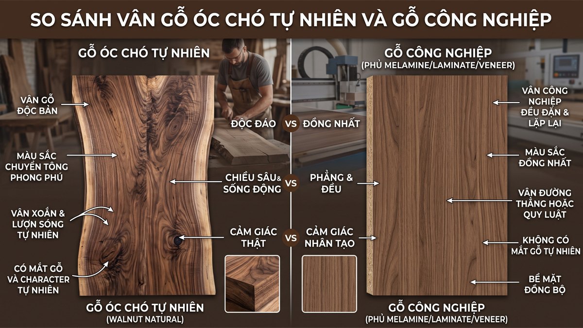 So sánh vân gỗ óc chó tự nhiên với gỗ công nghiệp