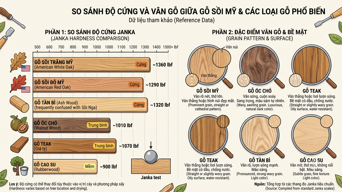 so sánh độ cứng và vân gỗ giữa Sồi Mỹ và các loại gỗ khác