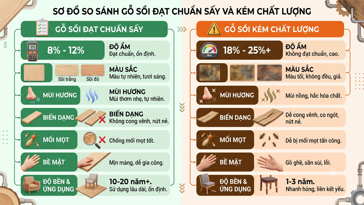 so sánh gỗ sồi đạt chuẩn sấy và gỗ sồi kém chất lượng