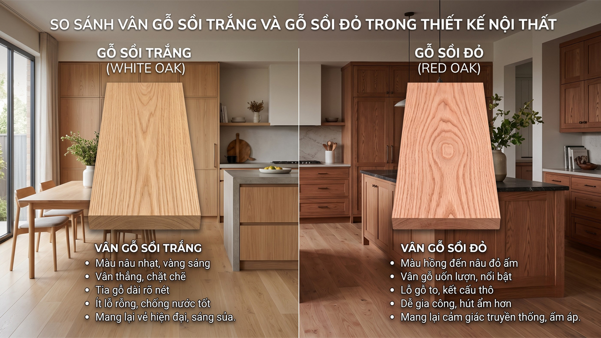 So sánh vân gỗ sồi trắng và gỗ sồi đỏ trong nội thất