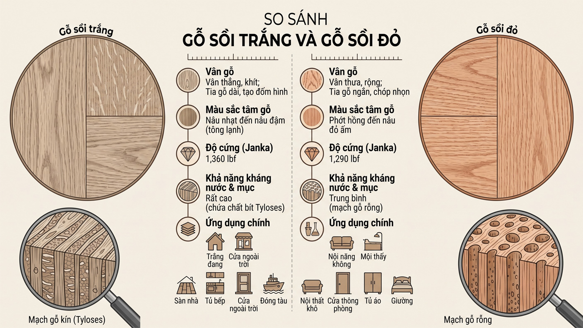 So sánh vân gỗ và đặc tính gỗ sồi trắng, sồi đỏ