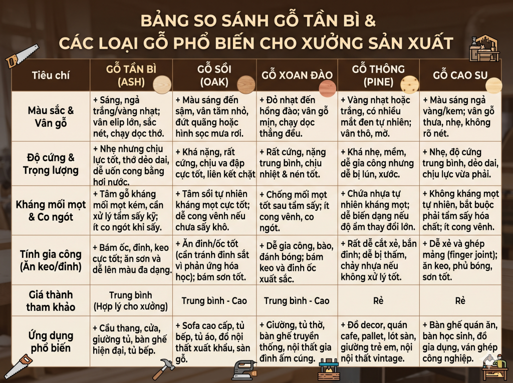 Bảng biểu so sánh các loại gỗ phổ biến cho xưởng sản xuất