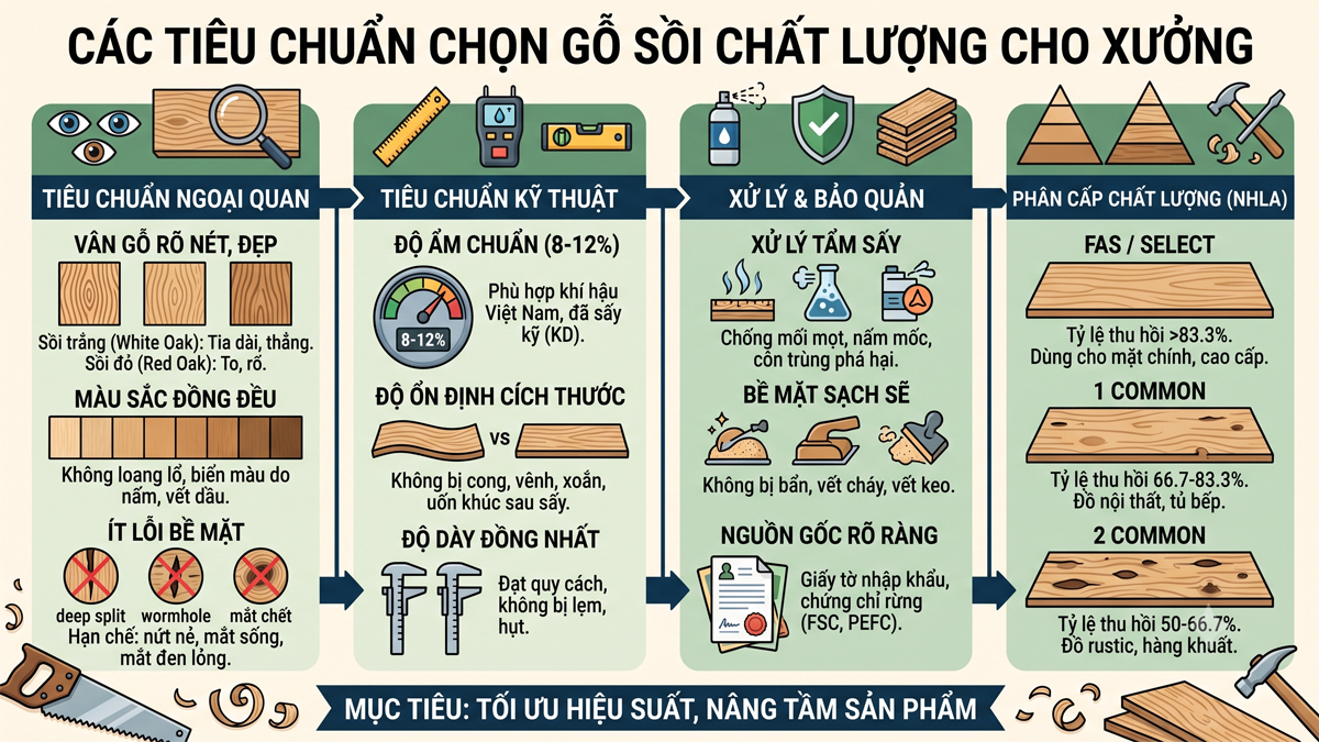 các tiêu chuẩn chọn gỗ sồi chất lượng cho xưởng